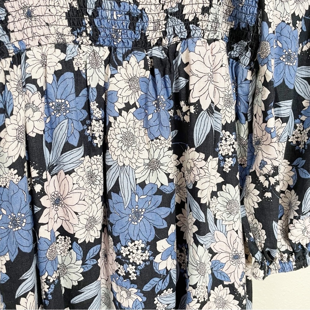 J Crew blue linen daydream zinnia floral smocked 3/4 sleeve dress L Tall - Picture 12 of 15